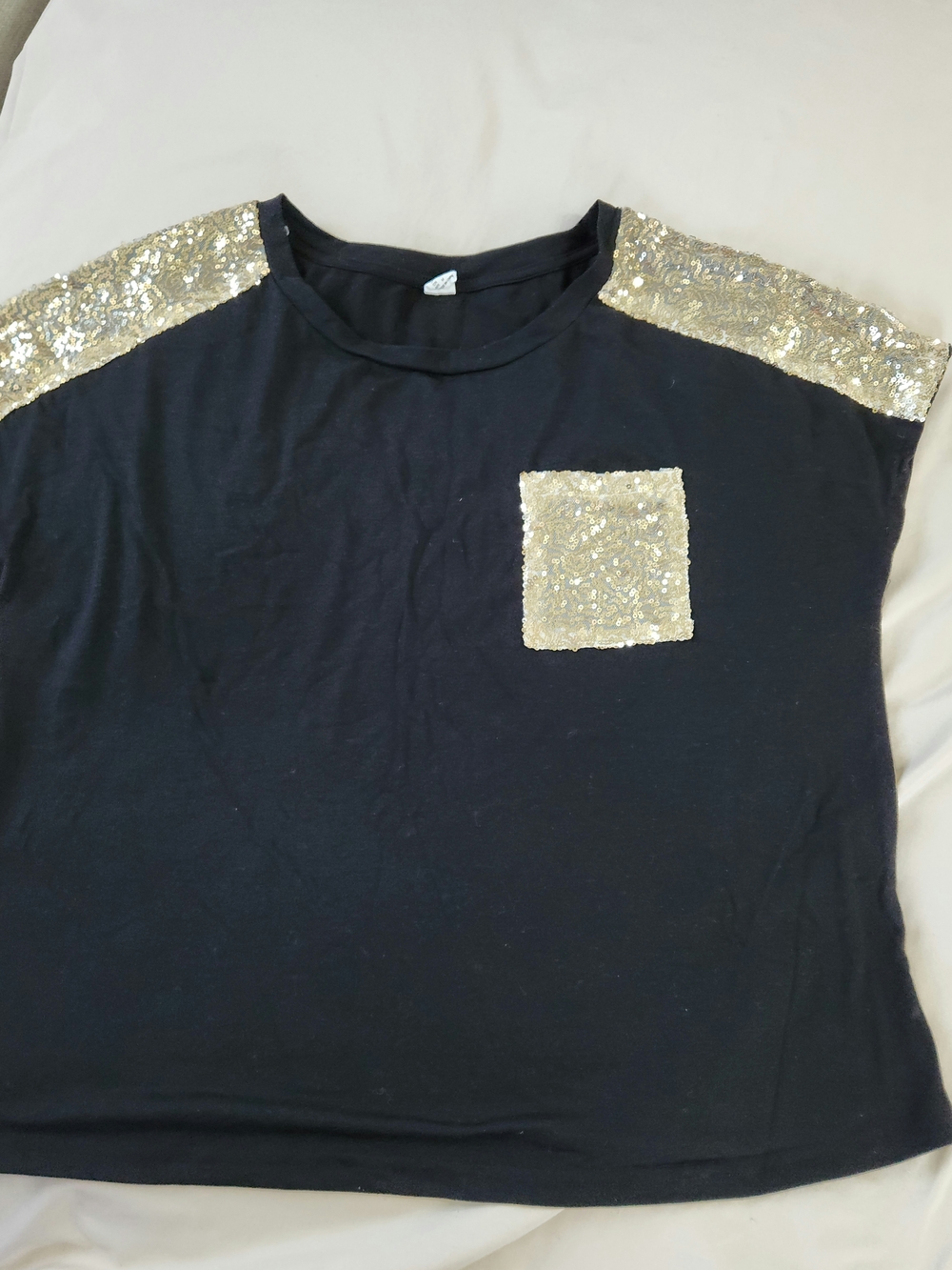 Black Short Sleeve Tee with Gold Sequin Shoulders & Pocket